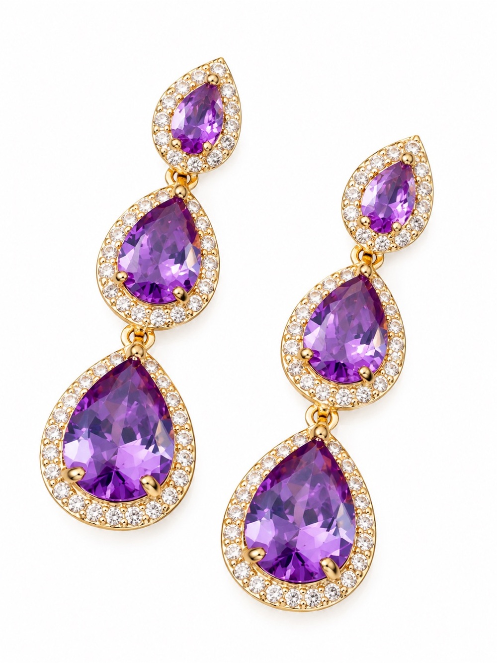 Gold-Plated Triple Teardrop Amethyst Drop Earrings small